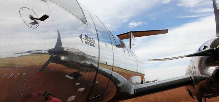 An Embraer EMB 120 Brasilia commuter airliner at the aircraft graveyard at Alice Springs Airport.